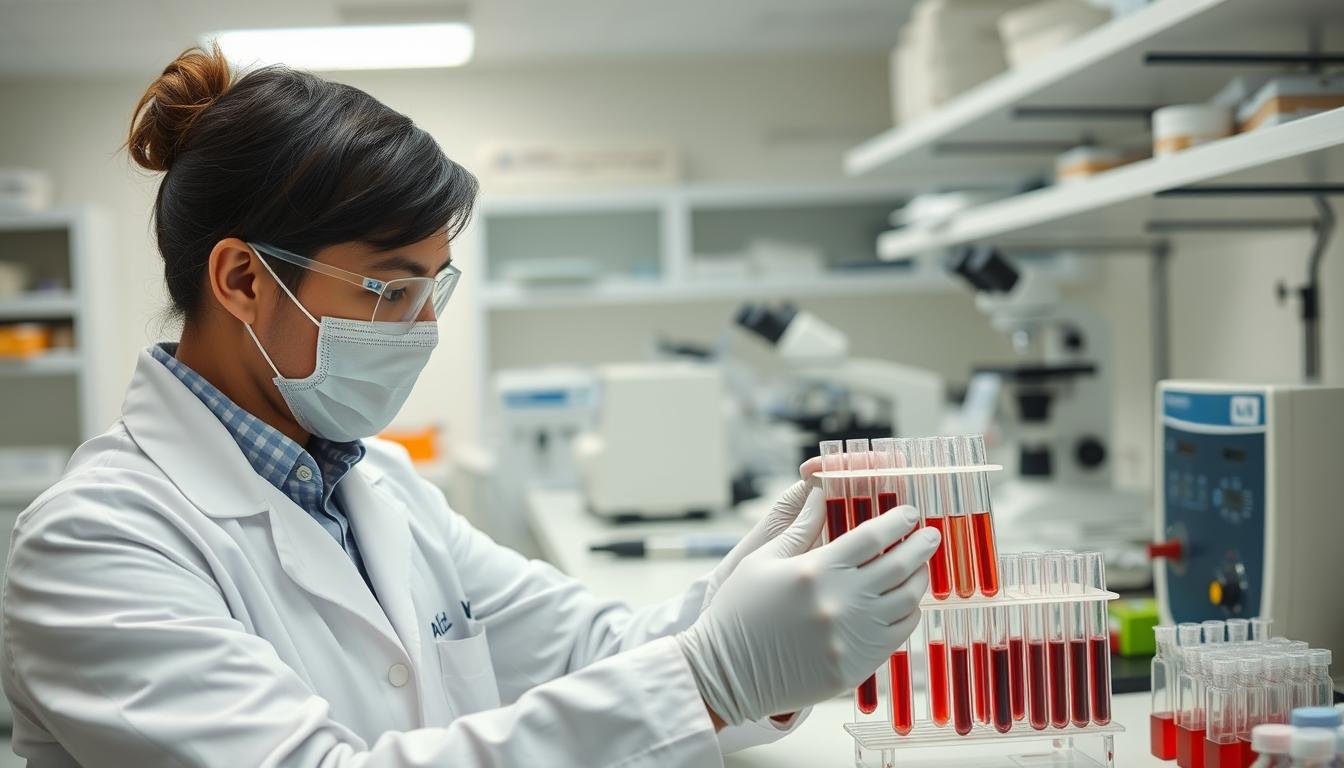 Laboratory technician analyzing blood samples for biochemical testing Laboratory technician analyzing blood samples for biochemical testing