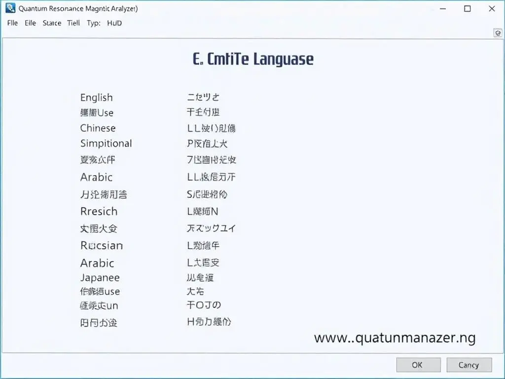 Language selection screen in Quantum Resonance Magnetic Analyzer Software showing multiple language options Language selection screen in Quantum Resonance Magnetic Analyzer Software showing multiple language options