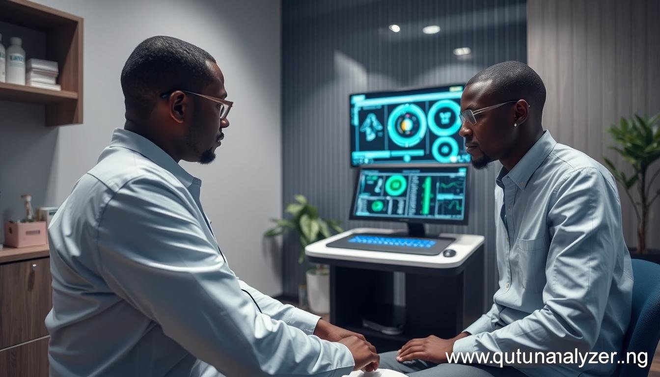 MAIKONG Quantum Resonance Magnetic Analyzer being used in a Nigerian healthcare setting