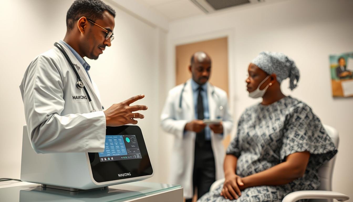 MAIKONG Quantum Resonance Magnetic Analyzer device being used in a Nigerian healthcare setting