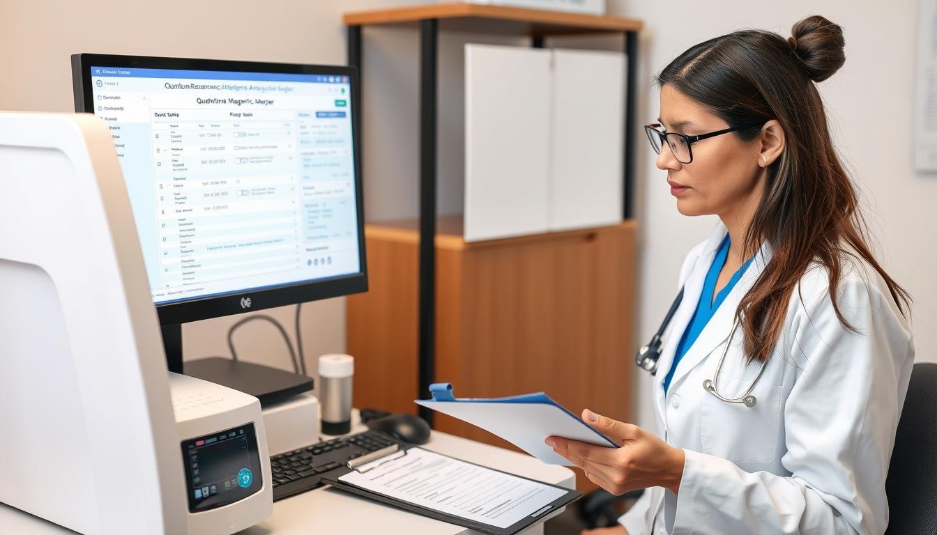 Medical professional reviewing both Quantum Analyzer results and traditional blood test reports Medical professional reviewing both Quantum Analyzer results and traditional blood test reports