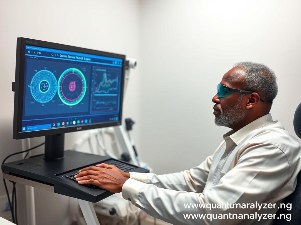 Middle-aged Nigerian man using the Quantum Resonance Magnetic Analyzer Middle-aged Nigerian man using the Quantum Resonance Magnetic Analyzer