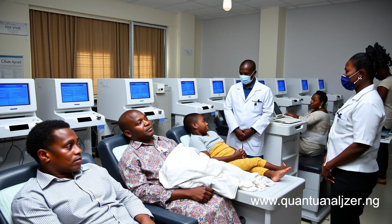 Nigerian healthcare clinic using Quantum Resonance Magnetic Analyzer with multiple patients Nigerian healthcare clinic using Quantum Resonance Magnetic Analyzer with multiple patients