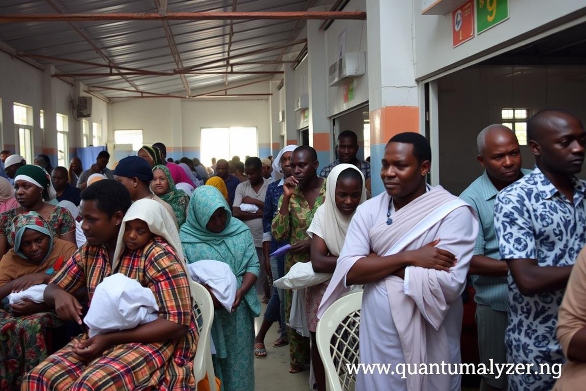 Nigerian healthcare facility with patients waiting for diagnostic services Nigerian healthcare facility with patients waiting for diagnostic services
