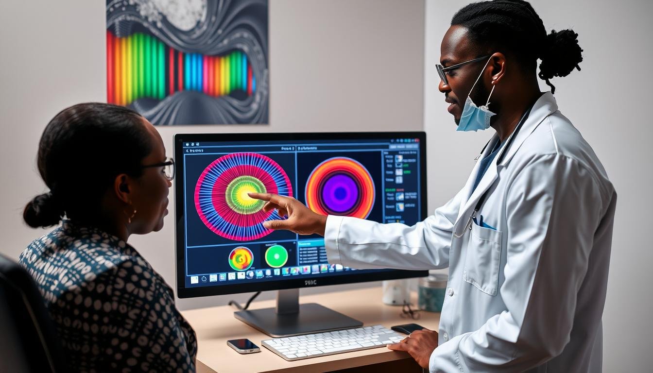 Nigerian healthcare professional explaining Quantum Resonance Magnetic Analyzer results to patient Nigerian healthcare professional explaining Quantum Resonance Magnetic Analyzer results to patient