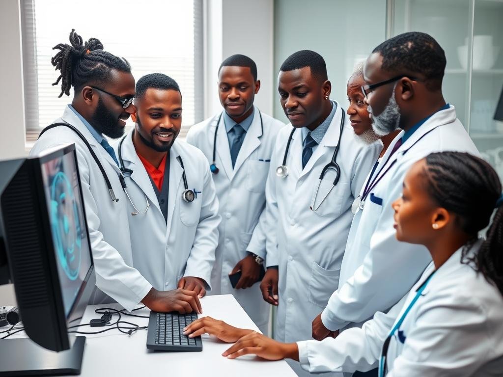 Nigerian healthcare professionals examining Quantum Analyzer results Nigerian healthcare professionals examining Quantum Analyzer results
