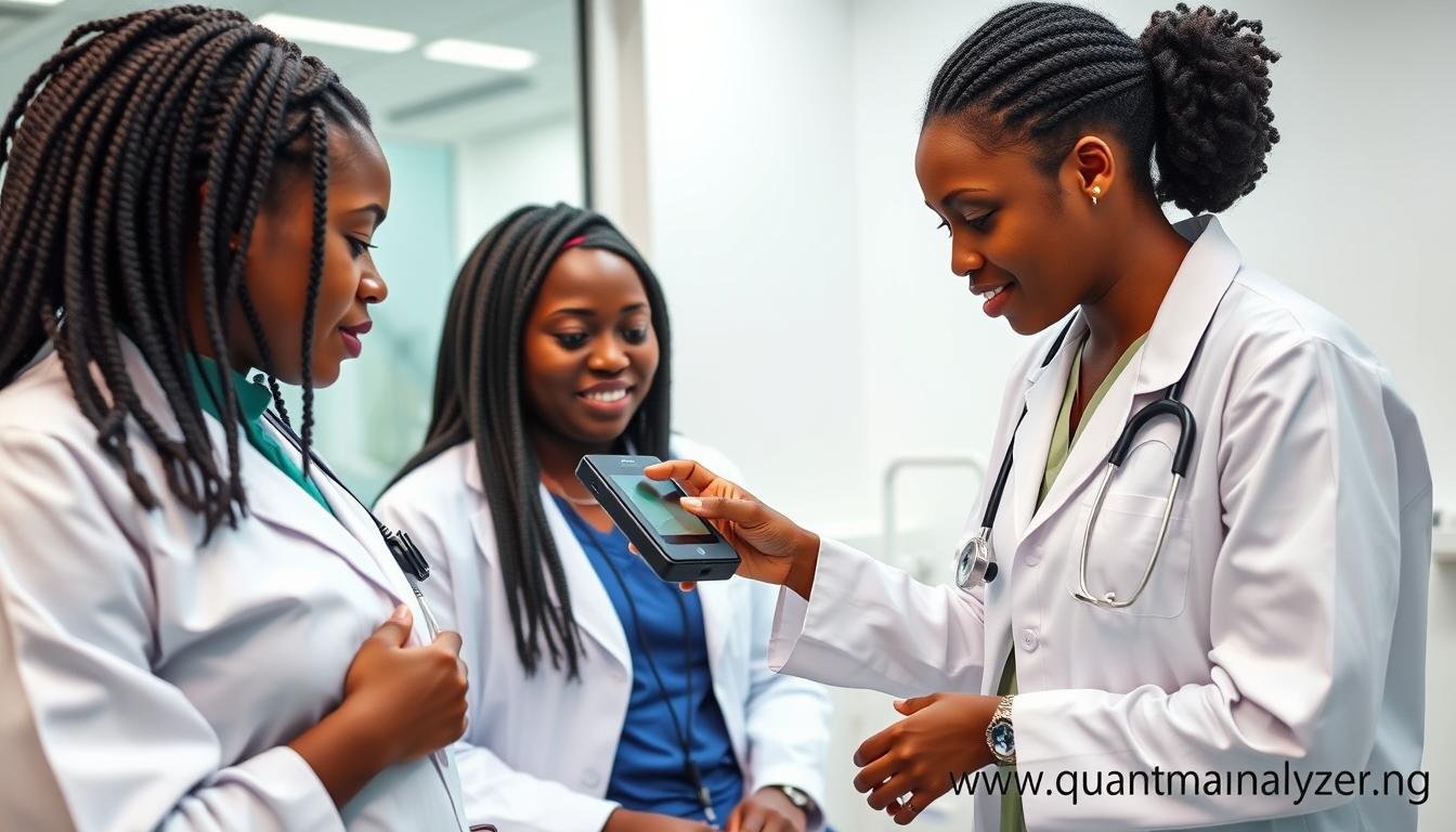 Nigerian healthcare professionals using Quantum Resonance Magnetic Analyzer in a clinical setting Nigerian healthcare professionals using Quantum Resonance Magnetic Analyzer in a clinical setting