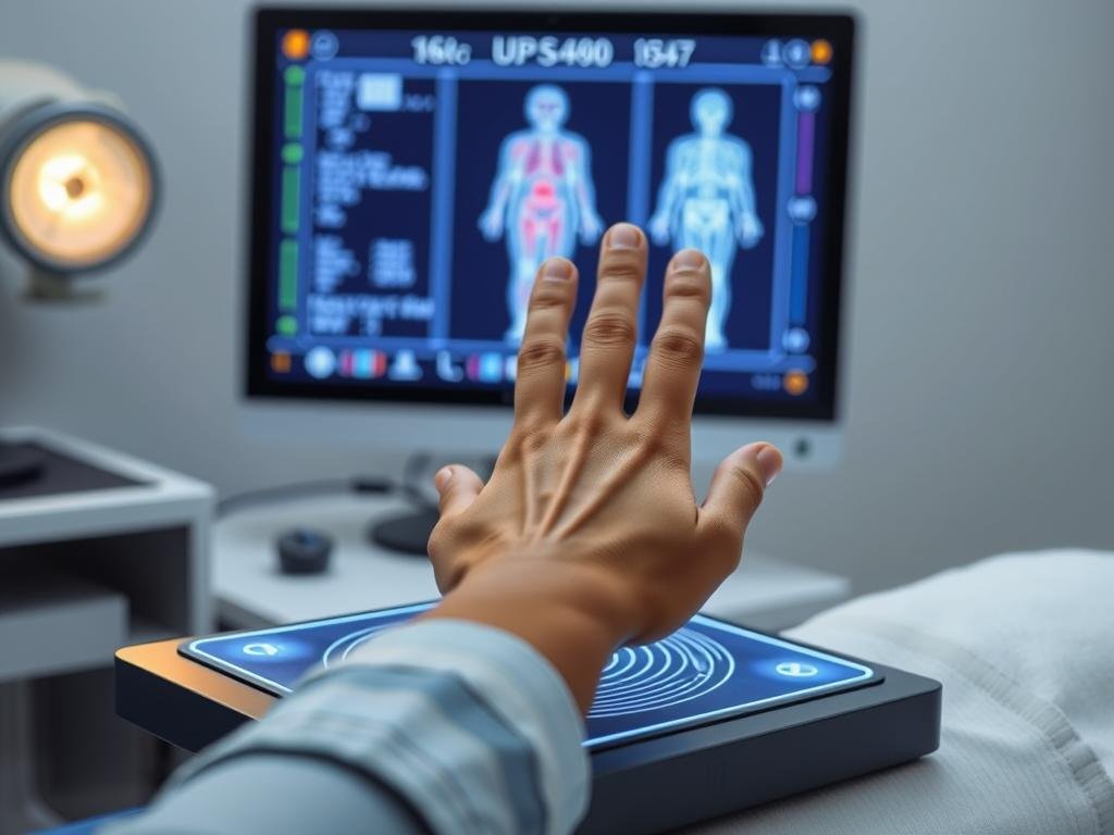 Person using a Quantum Resonance Magnetic Analyzer with hand on sensor pad Person using a Quantum Resonance Magnetic Analyzer with hand on sensor pad