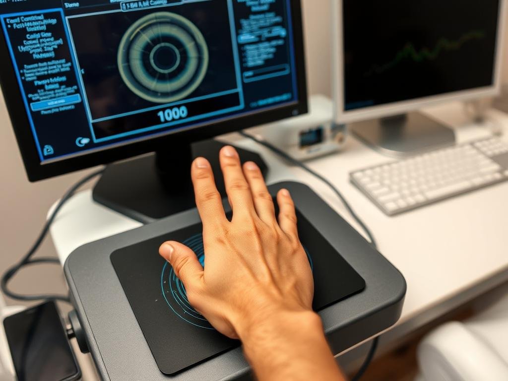 Person using a Quantum Resonance Magnetic Analyzer with palm sensor