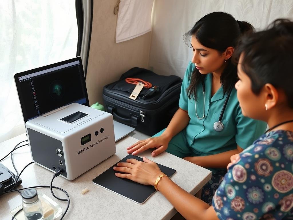 Portable Quantum Resonance Magnetic Analyzer being used in a mobile health clinic setting Portable Quantum Resonance Magnetic Analyzer being used in a mobile health clinic setting