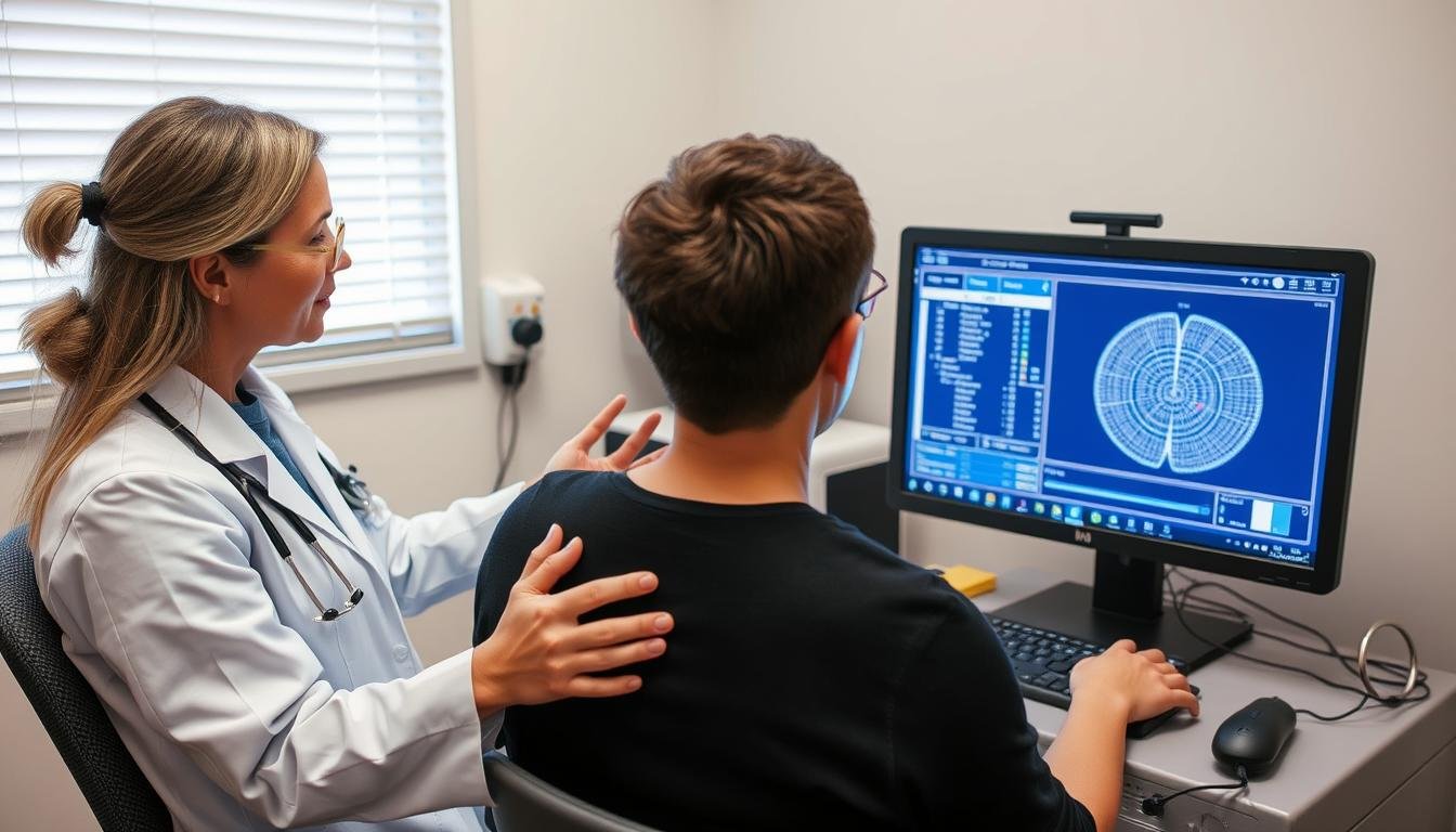 Practitioner working with client using quantum biofeedback equipment