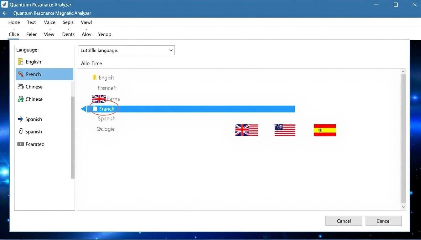 Quantum Resonance Magnetic Analyzer language selection screen