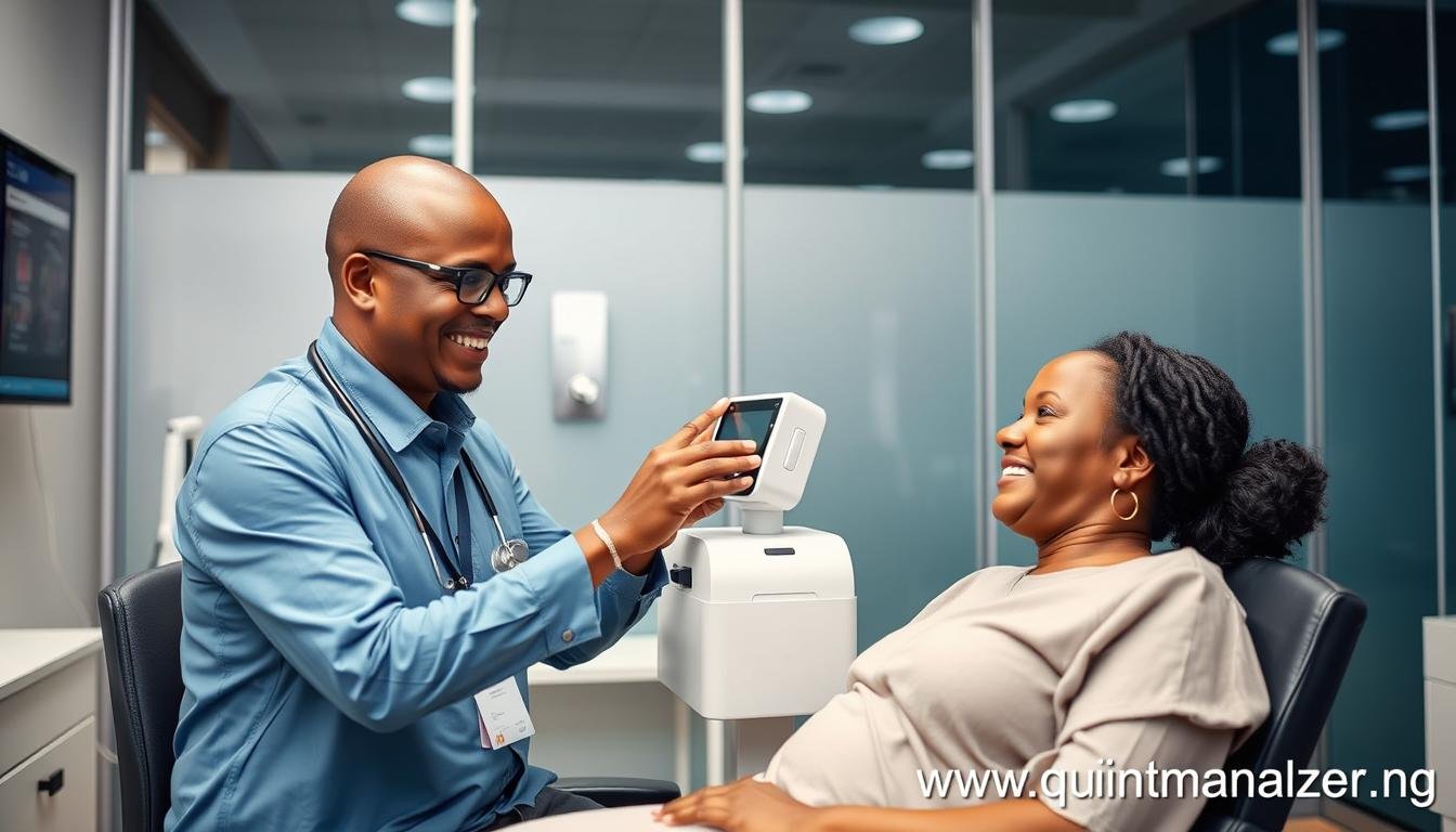 Satisfied customer using Quantum Resonance Magnetic Analyzer in Nigerian clinic