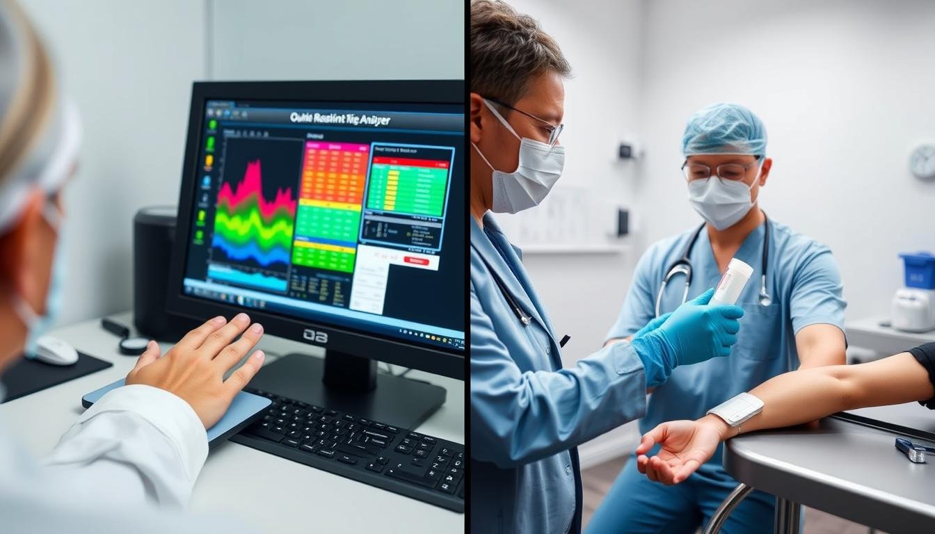 Split image comparing Quantum Resonance Magnetic Analyzer testing with traditional blood testing Split image comparing Quantum Resonance Magnetic Analyzer testing with traditional blood testing