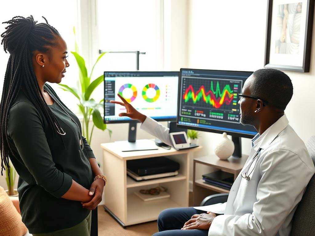Wellness practitioner explaining Quantum Resonance Magnetic Analyzer results to client