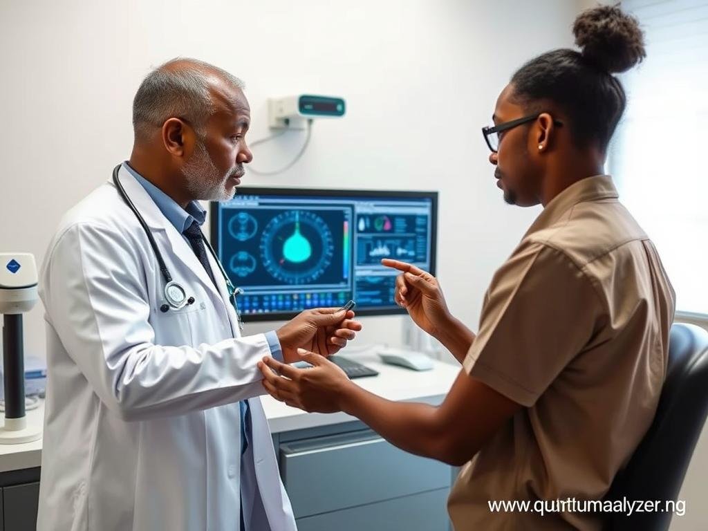 Doctor using MAIKONG Quantum Resonance Magnetic Analyzer with patient in a clinic setting