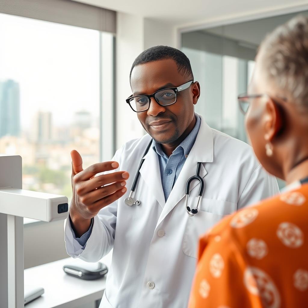 Dr. Adebayo using the Quantum Resonance Magnetic Analyzer in his Lagos clinic