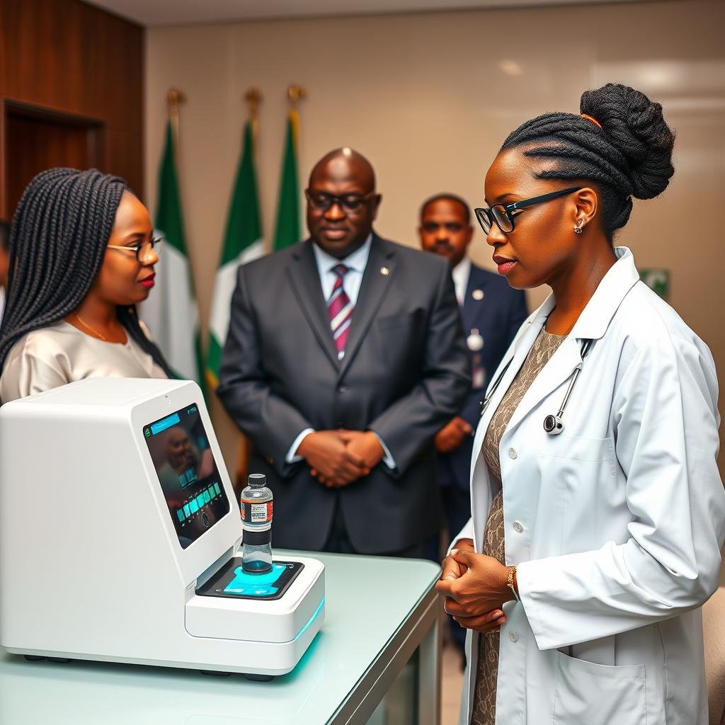 Dr. Fatima using the Quantum Resonance Magnetic Analyzer with government officials