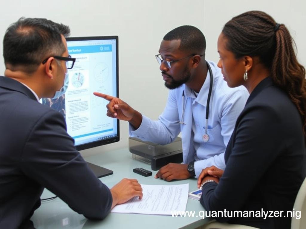 Healthcare professional explaining MAIKONG Quantum Resonance Magnetic Analyzer results to a client