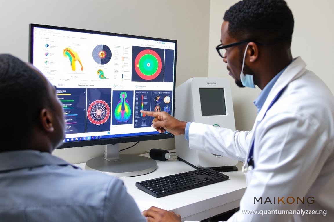 Healthcare professional explaining Quantum Health Scanning results to a client