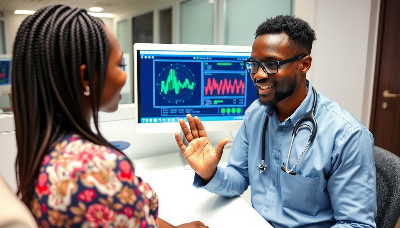 Healthcare professional using MAIKONG Quantum Analyzer with a patient