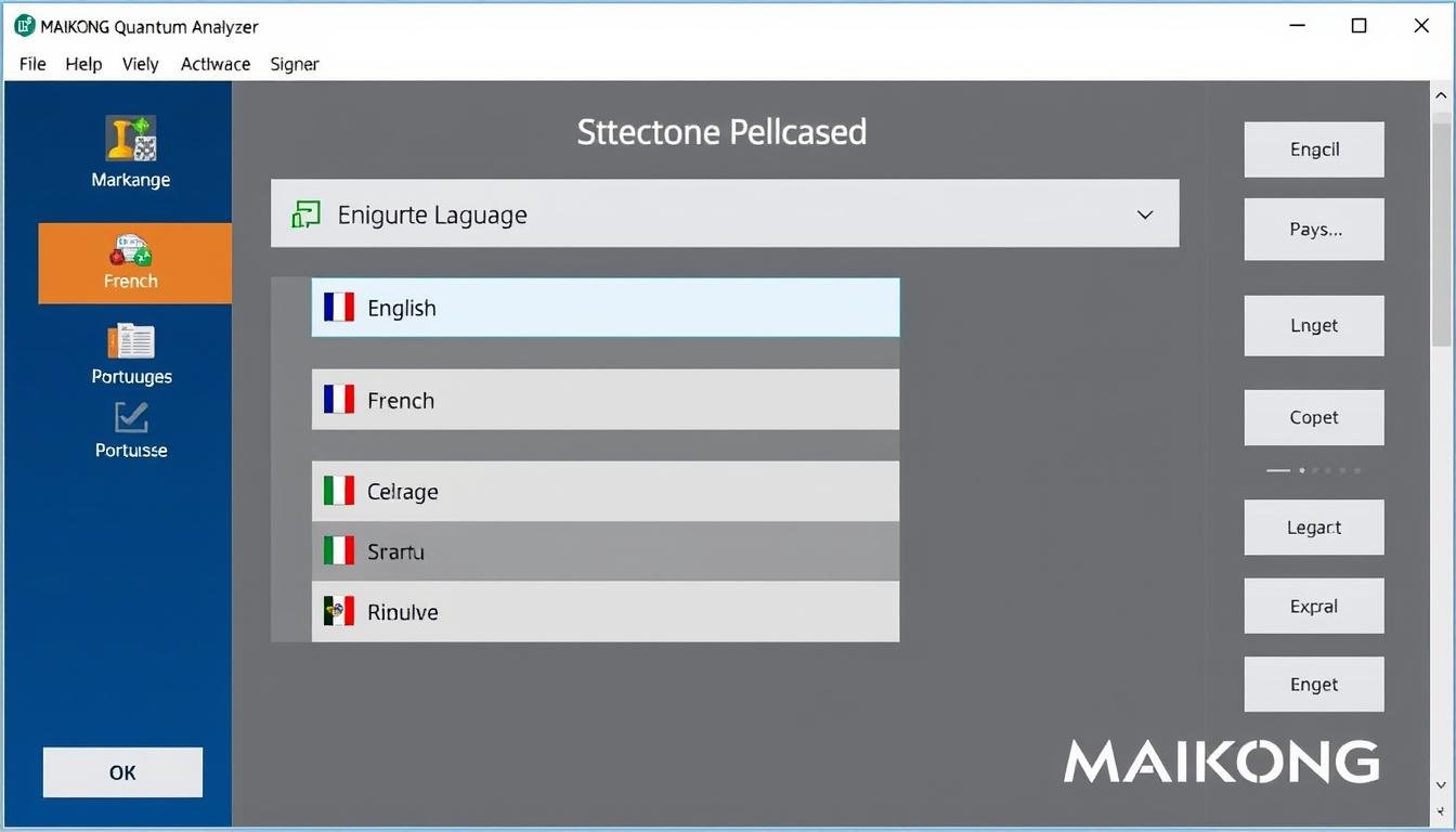 MAIKONG Quantum Analyzer software interface showing multiple language options