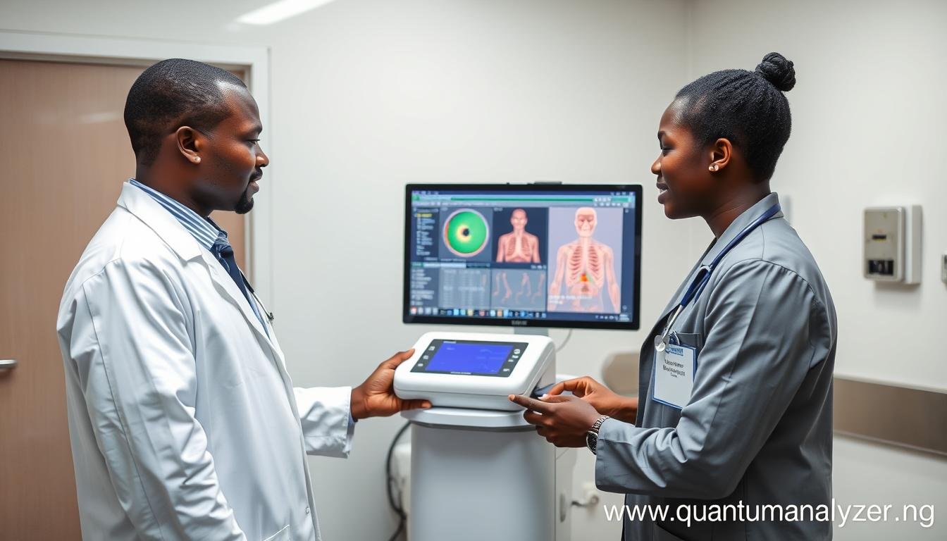 MAIKONG Quantum Resonance Magnetic Analyzer being used in a Nigerian hospital setting