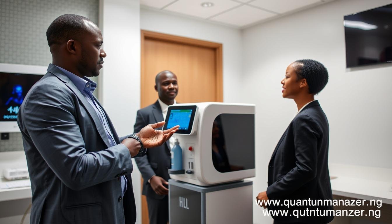 MAIKONG Quantum Resonance Magnetic Analyzer device being used in a Lagos medical facility