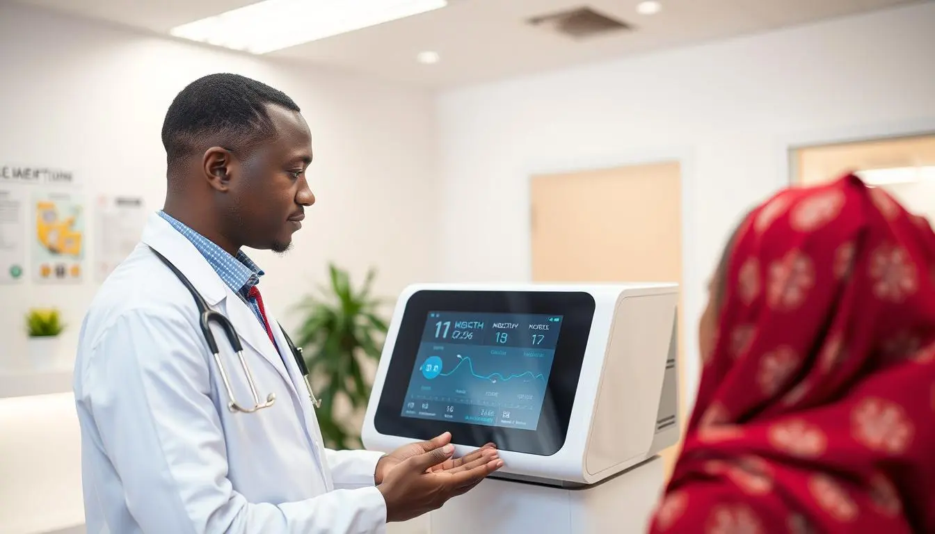 MAIKONG Quantum Resonance Magnetic Analyzer device being used in a Nigerian clinic