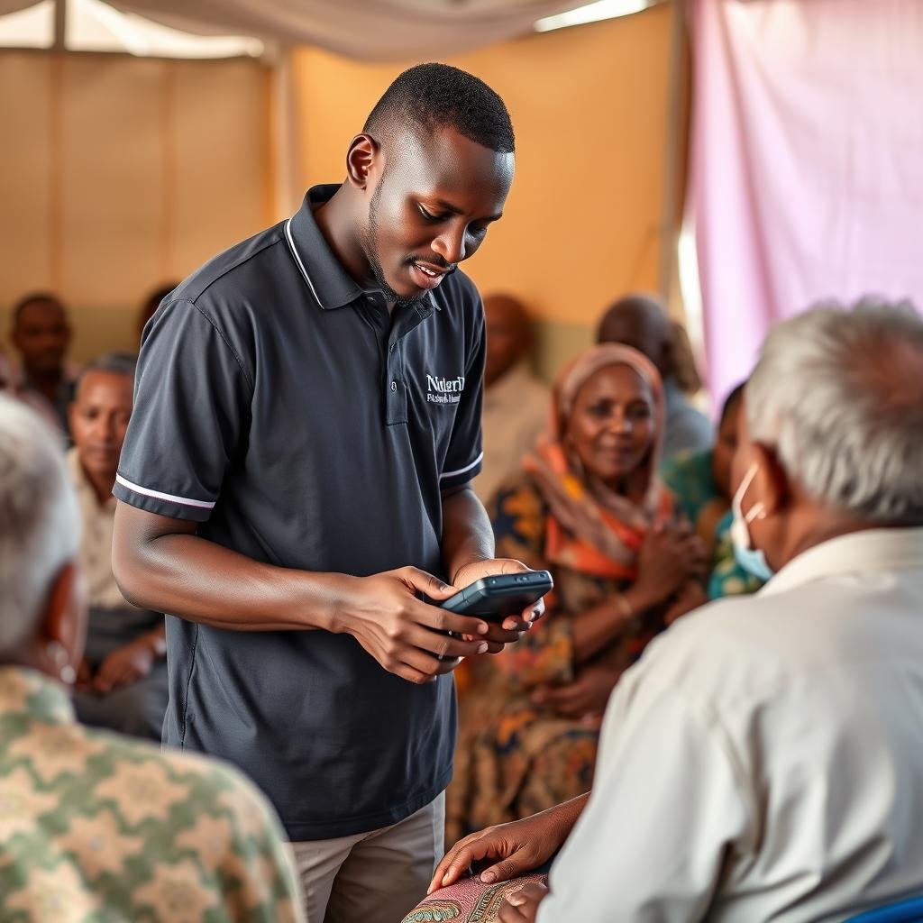 Mr. Emeka using the Quantum Resonance Magnetic Analyzer in his mobile health service