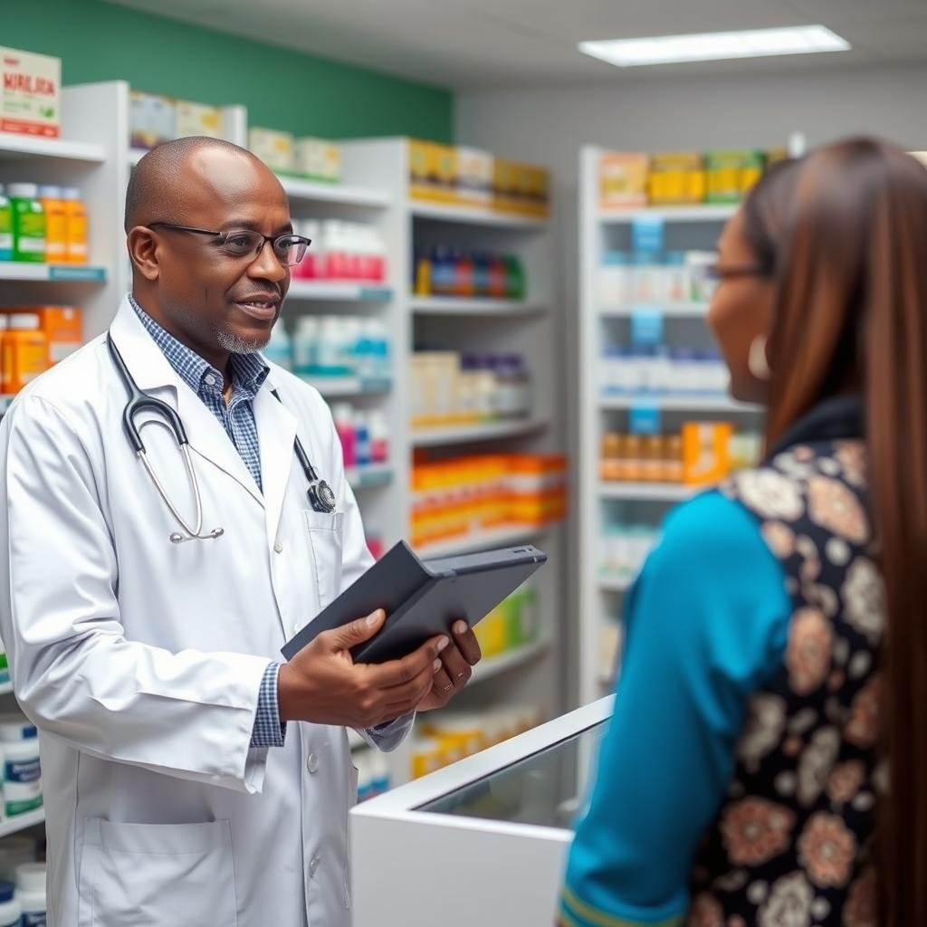 Mr. Yusuf with his Quantum Resonance Magnetic Analyzer at his pharmacy