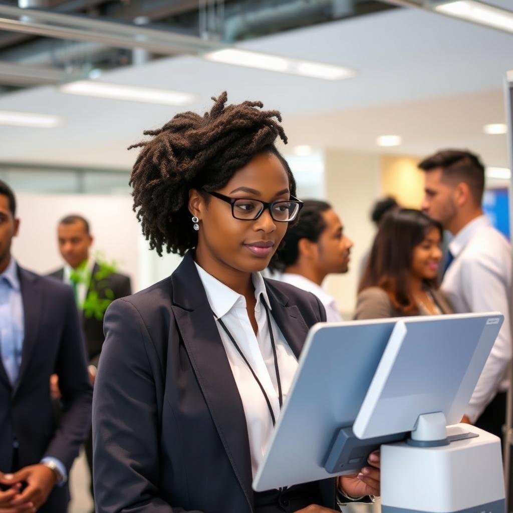Mrs. Amina using the Quantum Resonance Magnetic Analyzer at a corporate wellness event