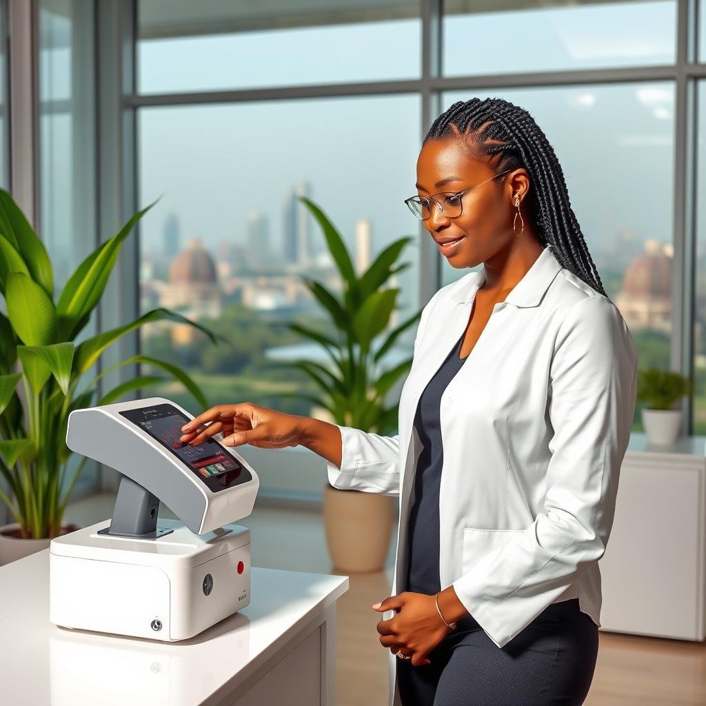 Mrs. Folake with her Quantum Resonance Magnetic Analyzer at her wellness center