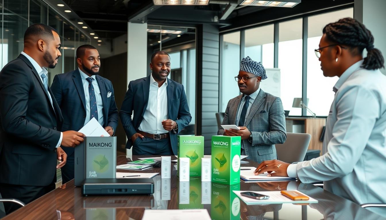 Nigerian business partners discussing MAIKONG Quantum Analyzer distribution