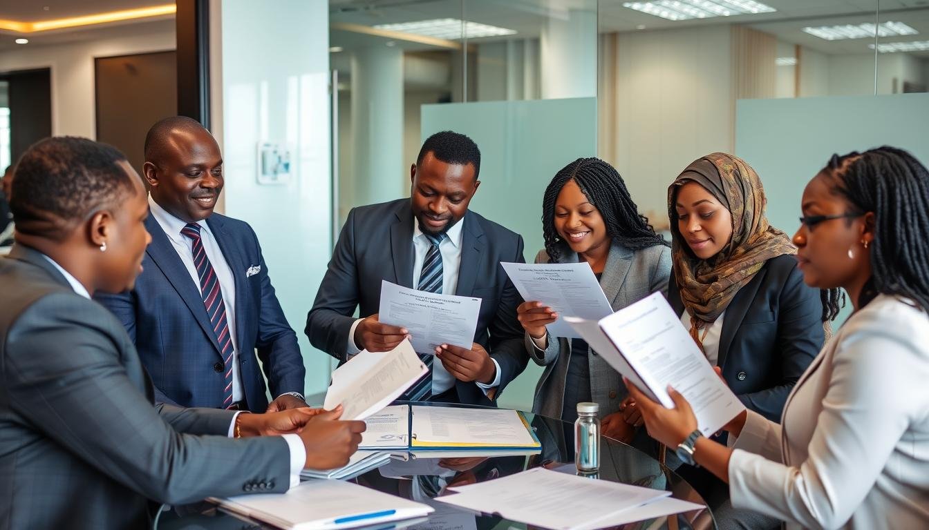 Nigerian business professionals in a meeting discussing Quantum Resonance Magnetic Analyzer distribution