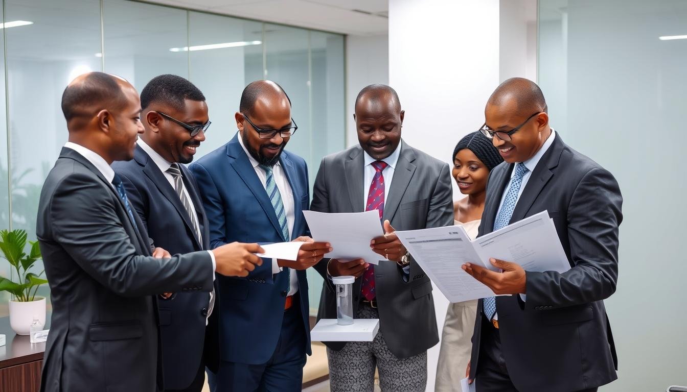 Nigerian healthcare professionals discussing business opportunities with MAIKONG Quantum Resonance Magnetic Analyzer