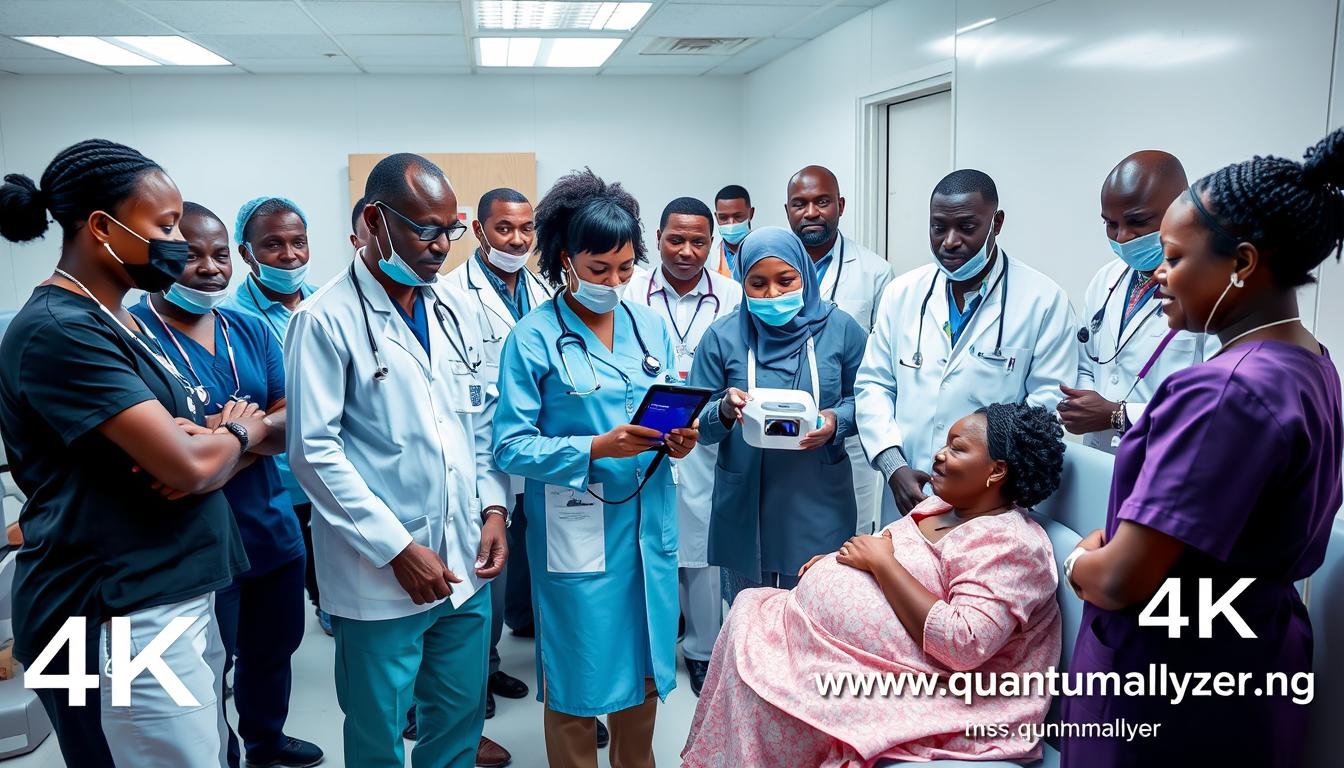 Nigerian healthcare professionals using MAIKONG Quantum Analyzer in clinical setting