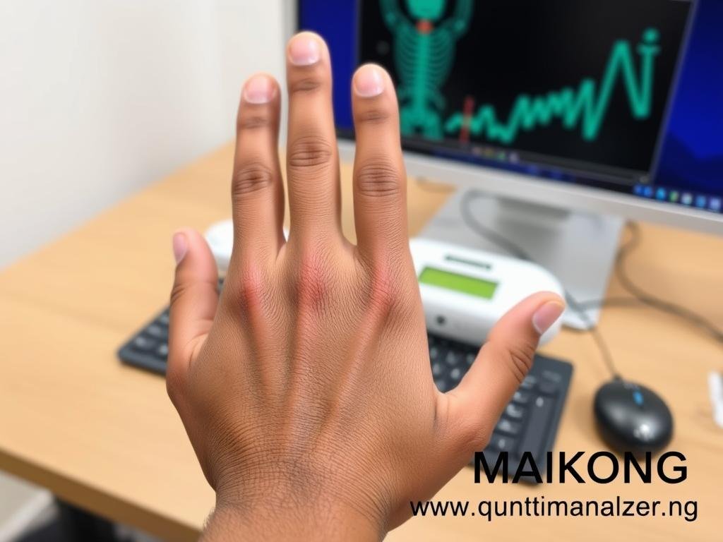 Patient holding hand sensor during Quantum Resonance Magnetic Analyzer testing
