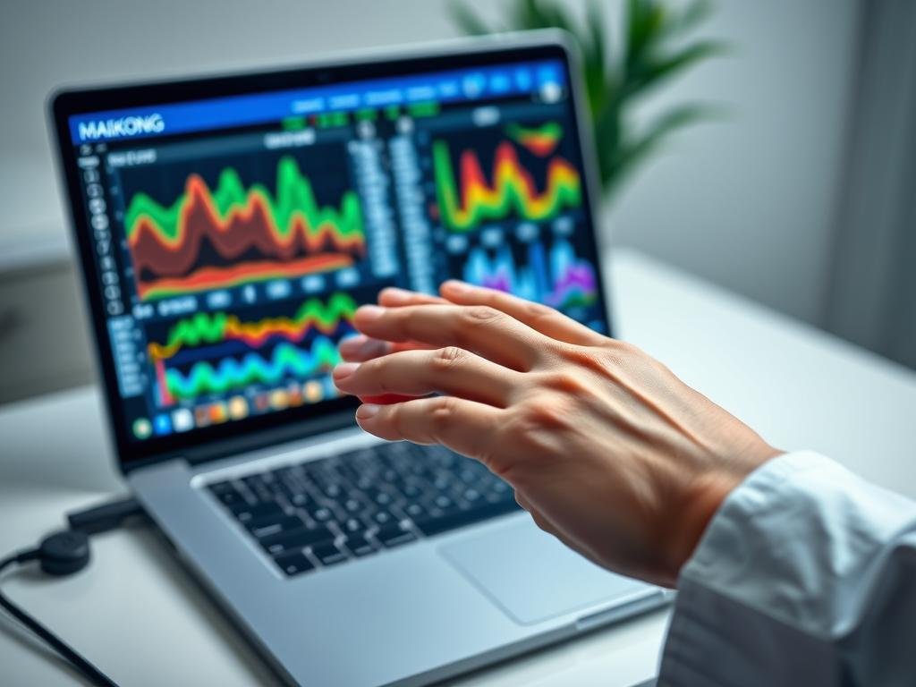 Person using the Quantum Resonance Magnetic Analyzer with hand sensor