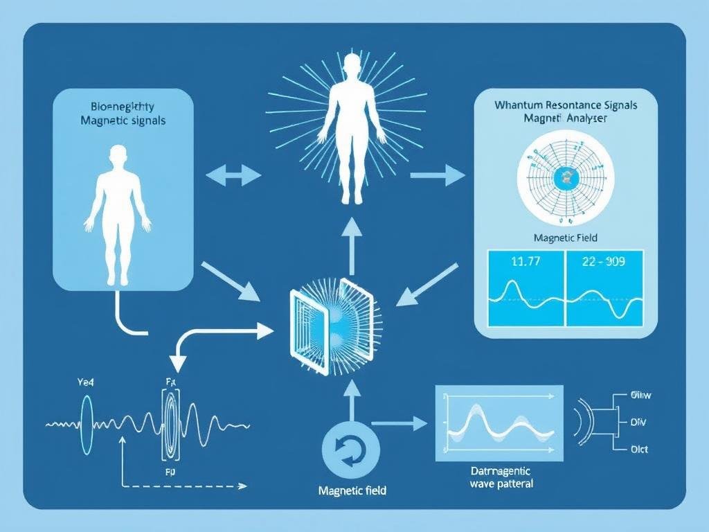 Quantum resonance technology diagram showing how the analyzer captures and processes bioenergetic signals