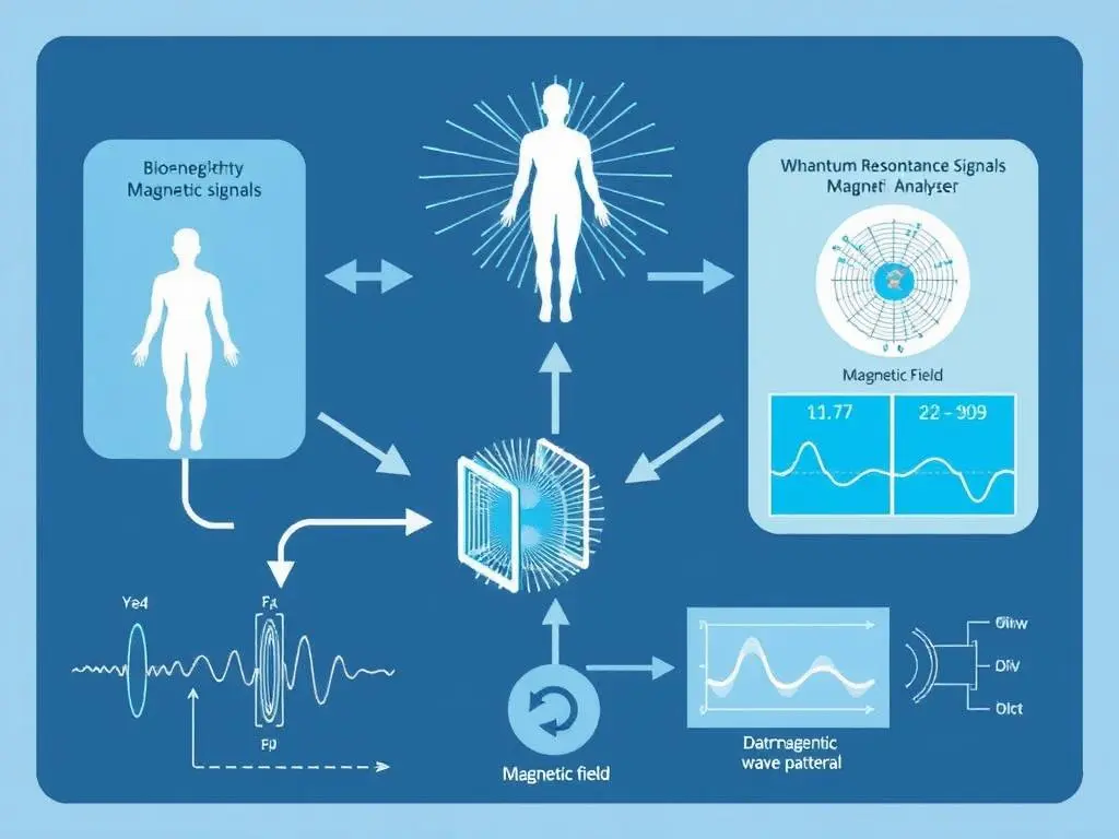 Quantum resonance technology diagram showing how the analyzer captures and processes bioenergetic signals Quantum resonance technology diagram showing how the analyzer captures and processes bioenergetic signals