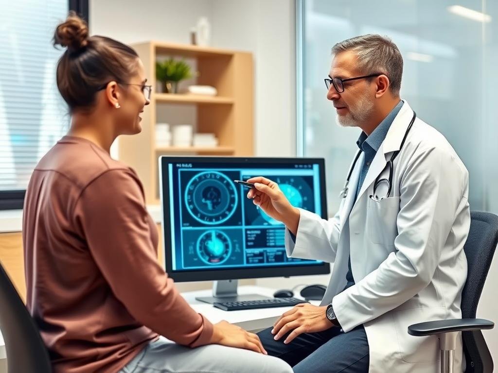 Doctor using NLS diagnostic body analyzer quantum with patient