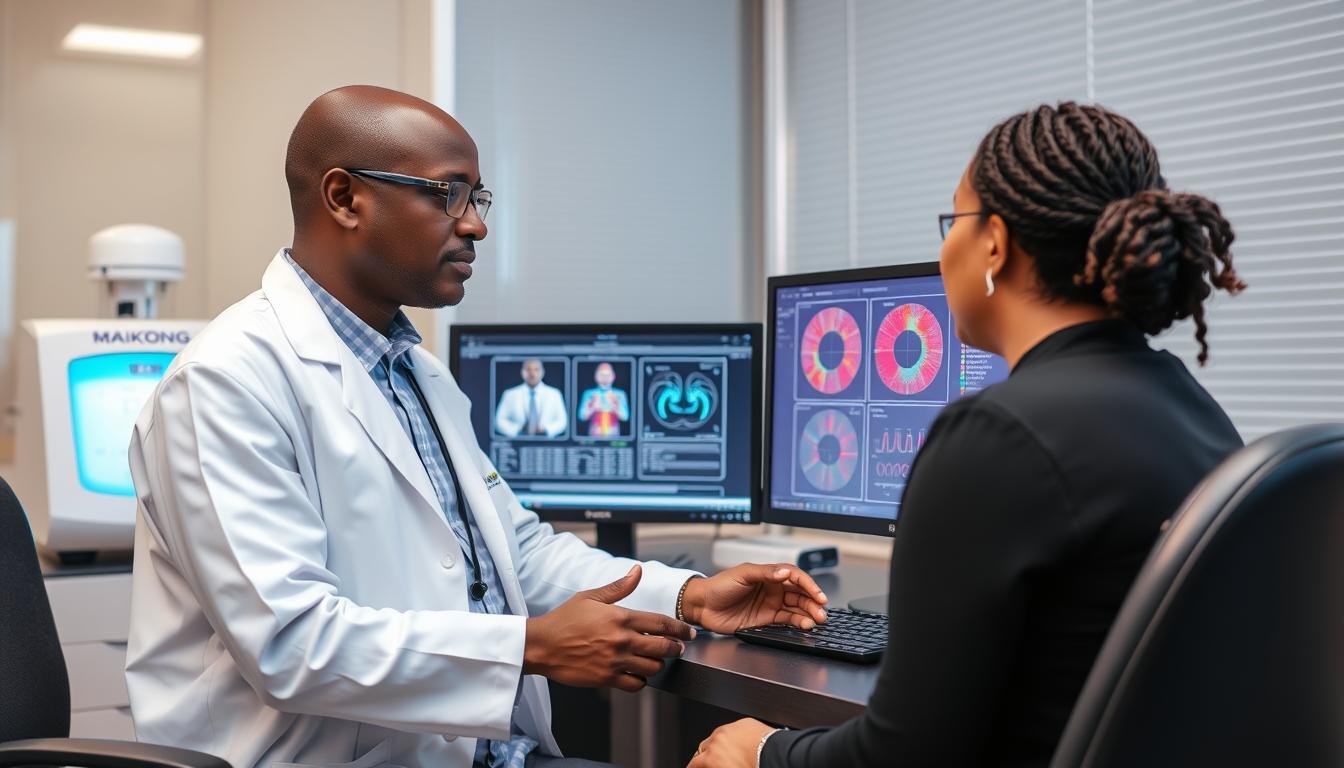 Healthcare professional analyzing quantum resonance magnetic analyzer results with a patient