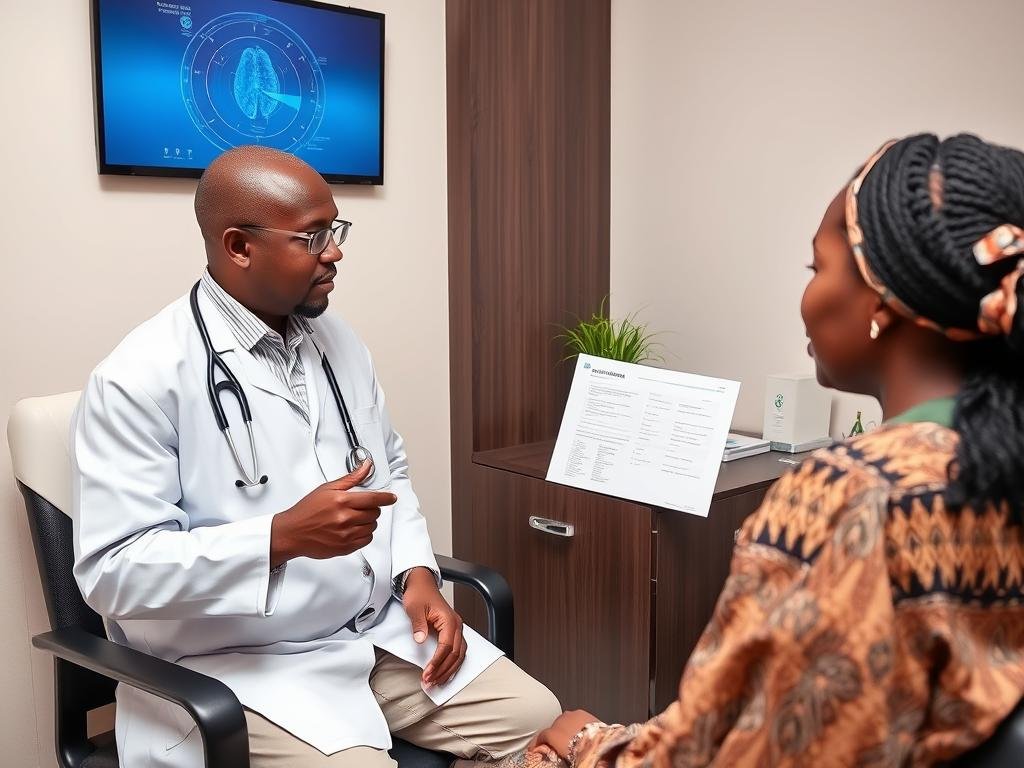 Healthcare professional explaining quantum resonance magnetic analyzer results to a patient