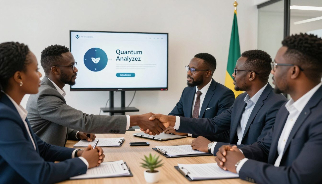 Nigerian business professionals discussing Quantum Analyze distribution