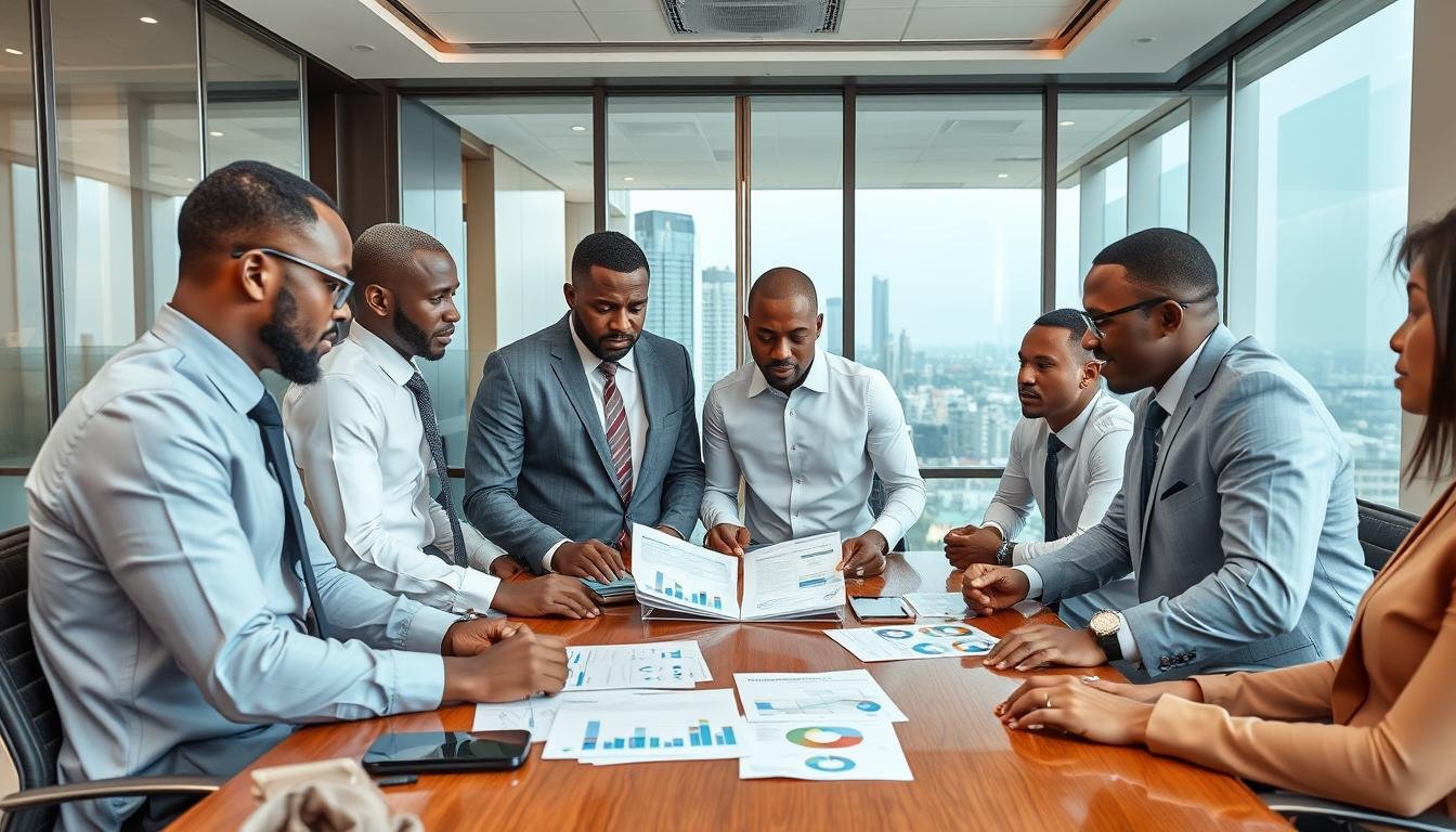 Nigerian business professionals discussing Quantum Analyzer distribution opportunities