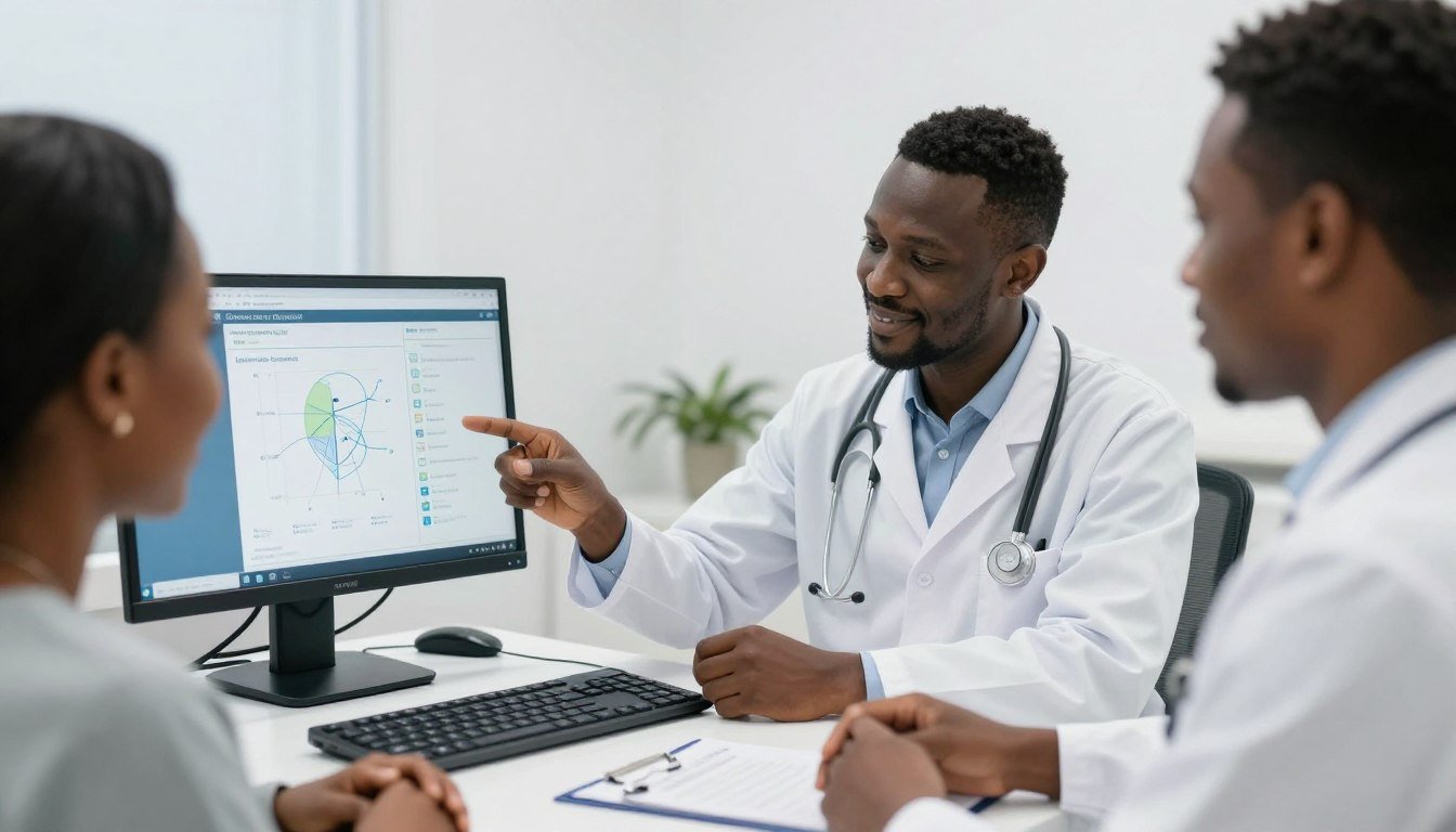 Nigerian healthcare professional reviewing quantum analysis results with a patient