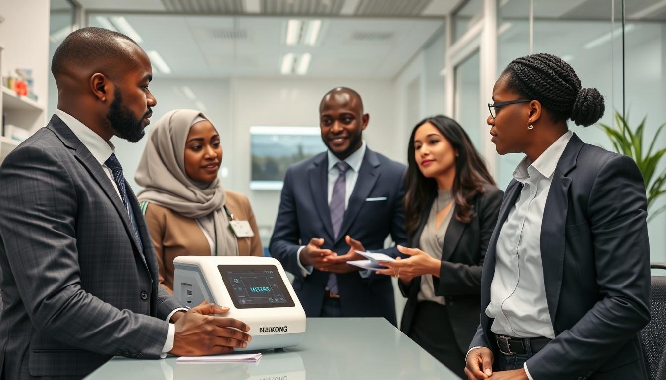 Nigerian healthcare professionals using MAIKONG quantum resonance magnetic analyzer in a modern clinic