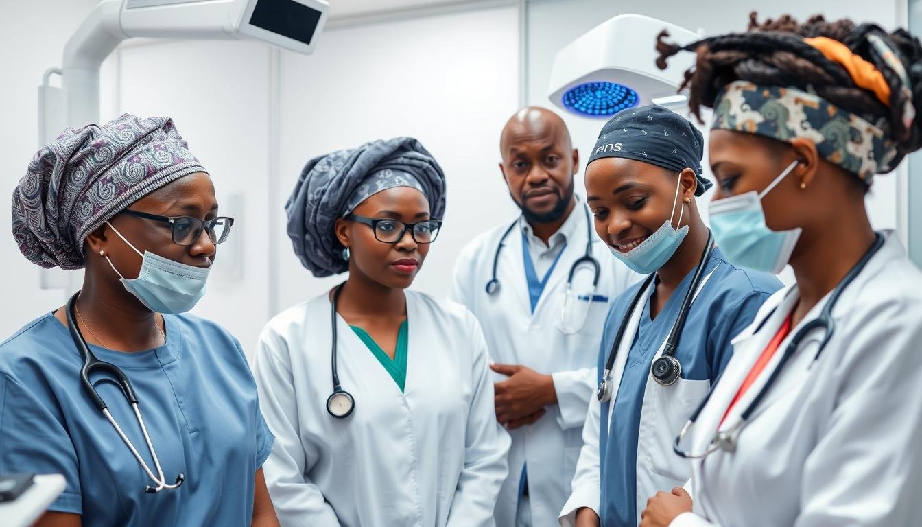 Nigerian healthcare professionals using NLS diagnostic body analyzer quantum