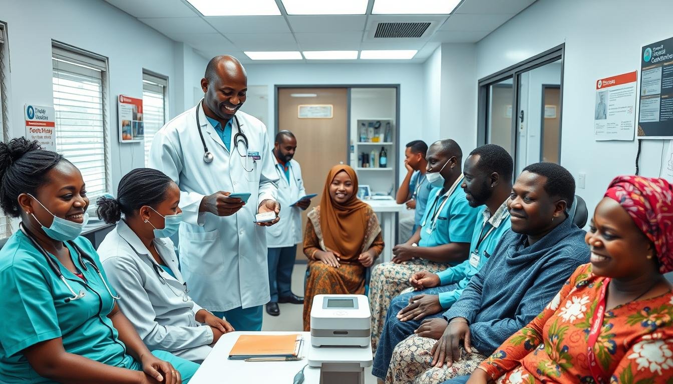 Nigerian healthcare professionals using Quantum Analyzer with patients